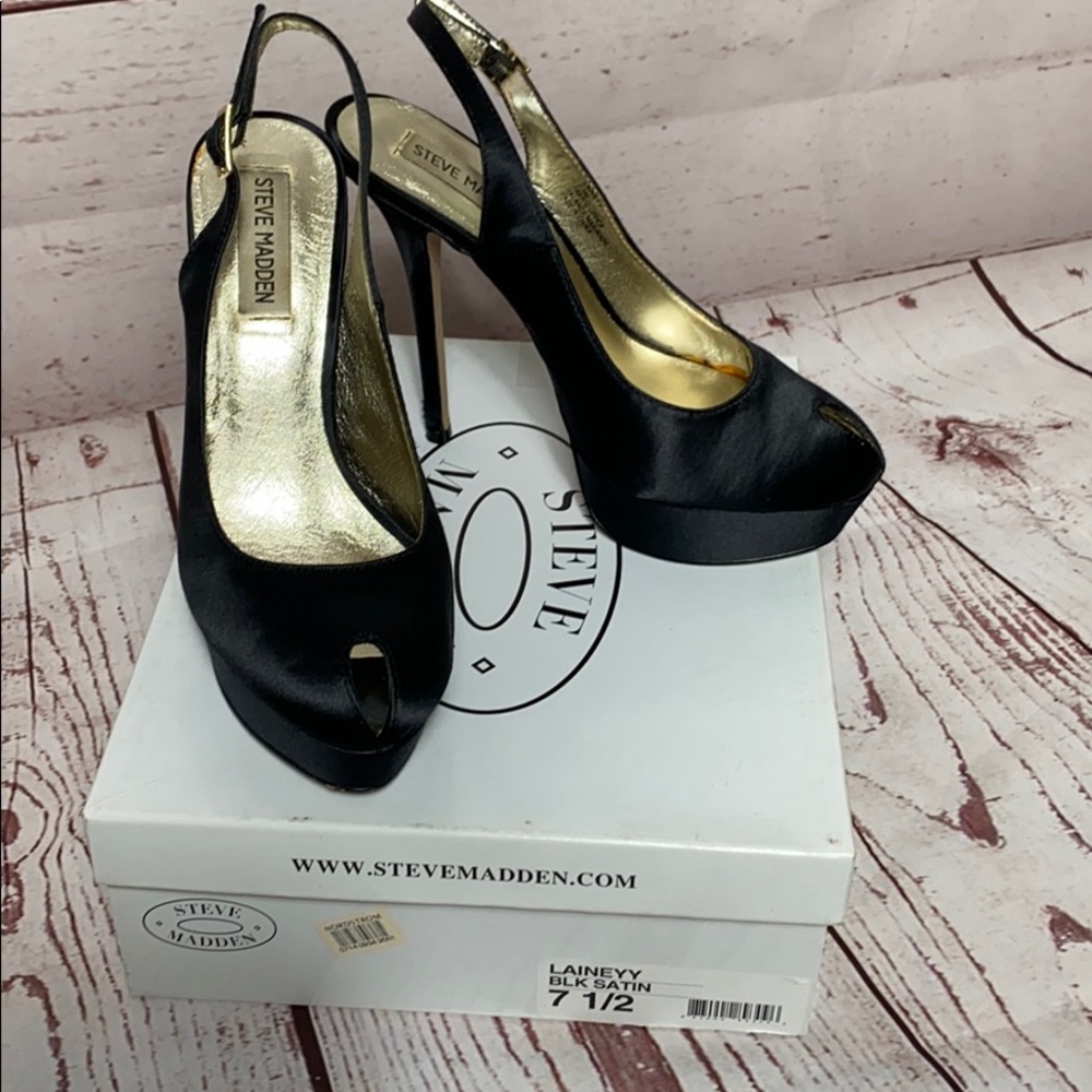 Steve Madden Black Satin Peeptoe Slingback Pumps